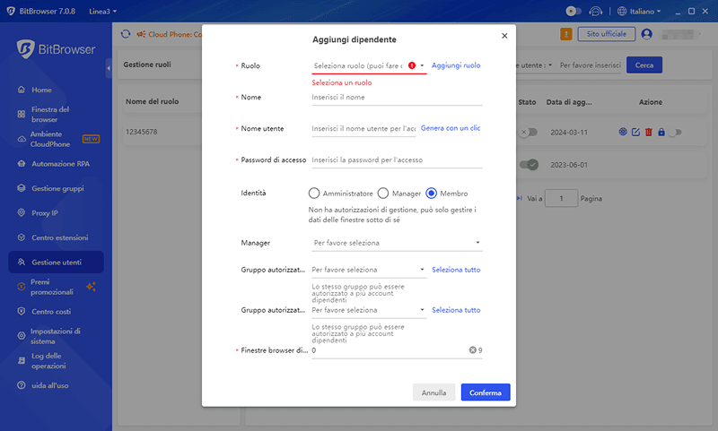 Gestione del Team / Autorizzazione dei Membri