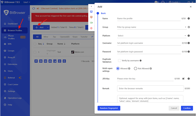 Add Profiles By BitBrowser