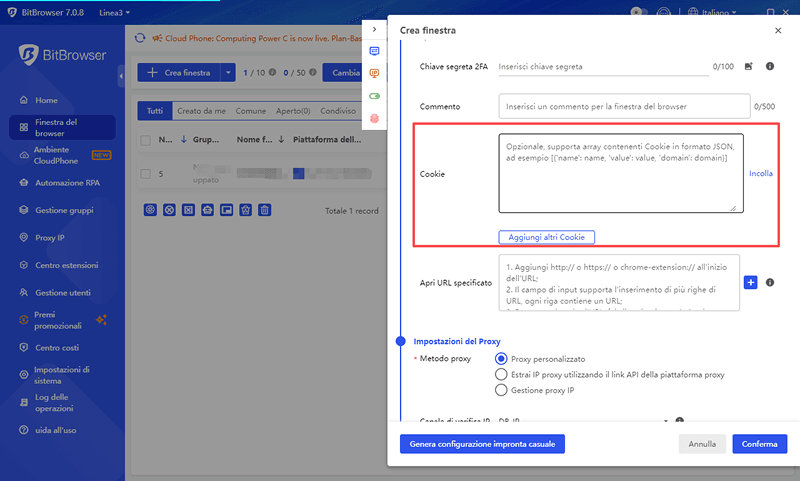 Privacy dell'Account / Login con Cookie