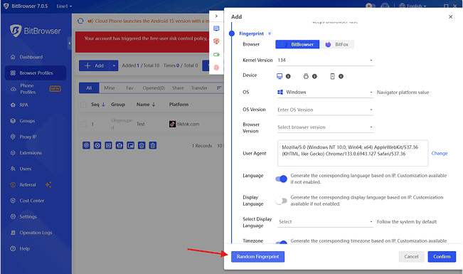 Create Random Fingerprint By BitBrowser