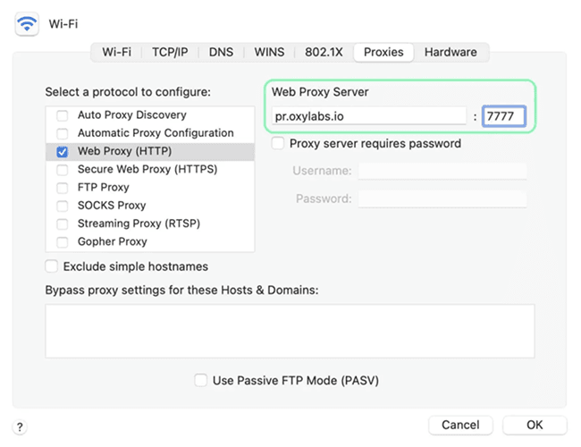 Enter Proxy IP and Port on macOS