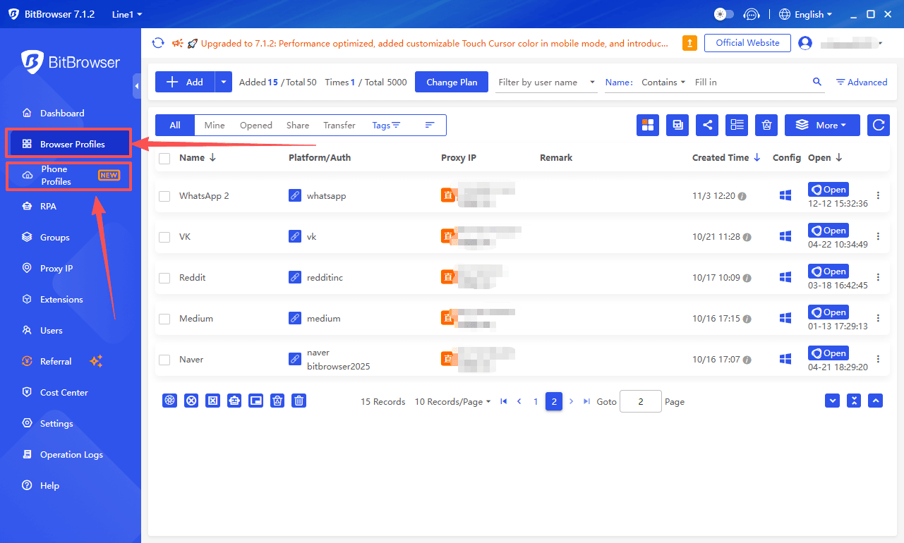 Painel do BitBrowser