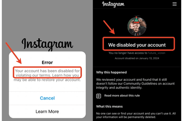 Messages about Disabled Instagram Account